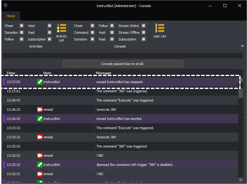 InstructBot console showing an example of a moderators message being highlighted.