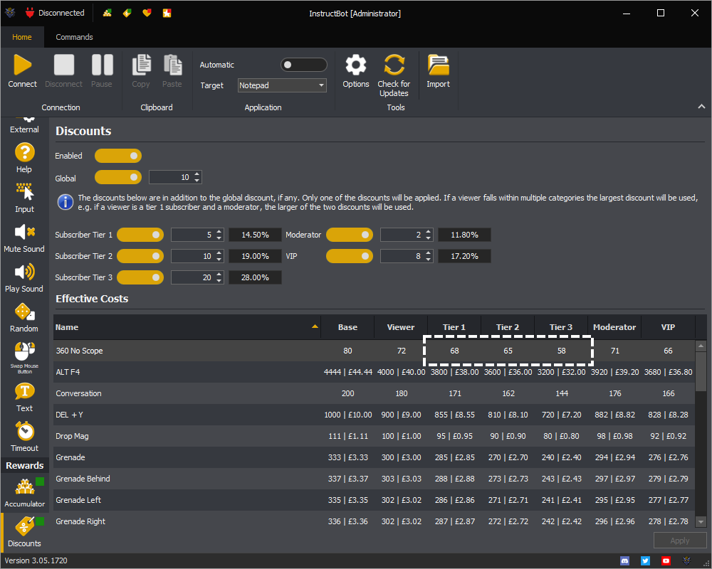 InstructBot rewards screen showing an example of the subscriber discount applied.