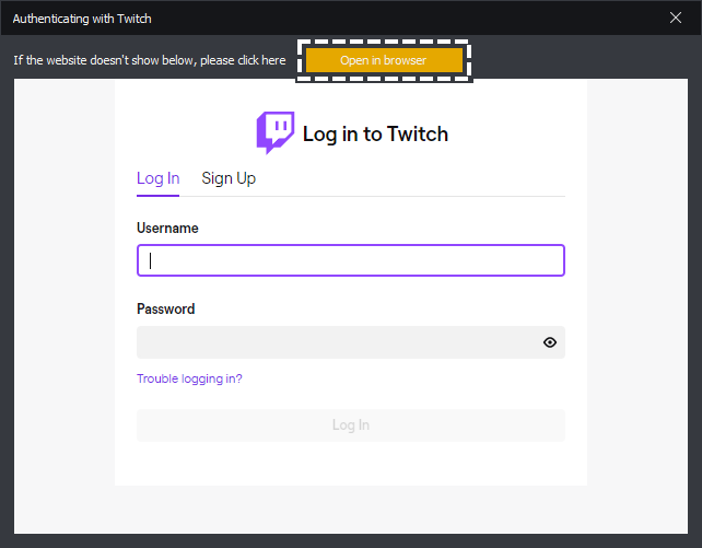 InstructBot showing an example of how to authenticate Twitch in a browser.