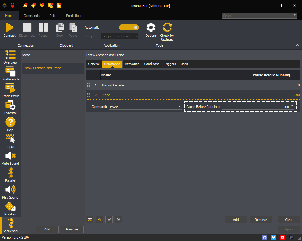 InstructBot showing how to set a delay between running the specified commands of a sequential command.