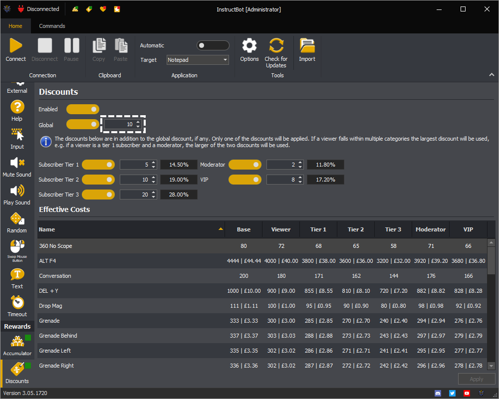 InstructBot rewards screen showing how to enter a global discount amount.