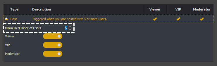 The trigger editor showing a host trigger minimum number of users setting in InstructBot.