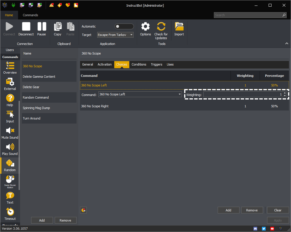 InstructBot showing how to assign the weighting of a choice for a random command.