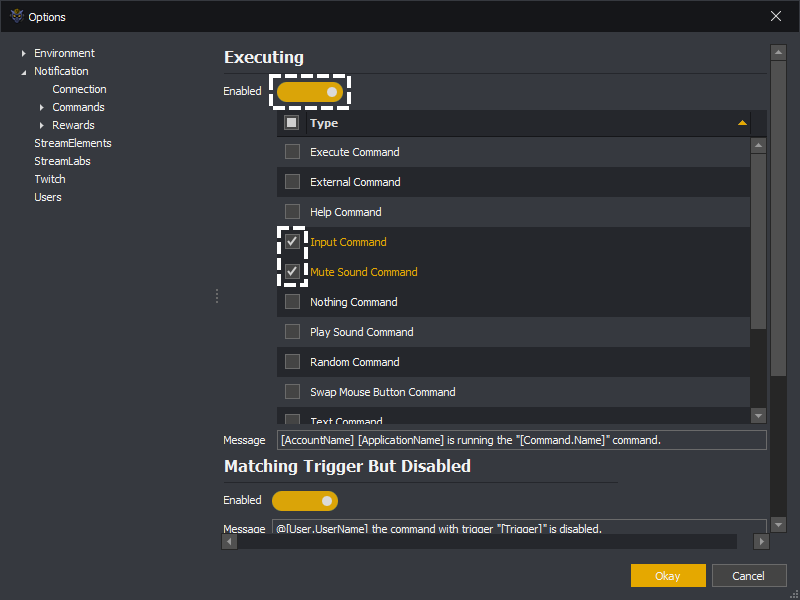 InstructBot options showing how to notify for only certain command types.