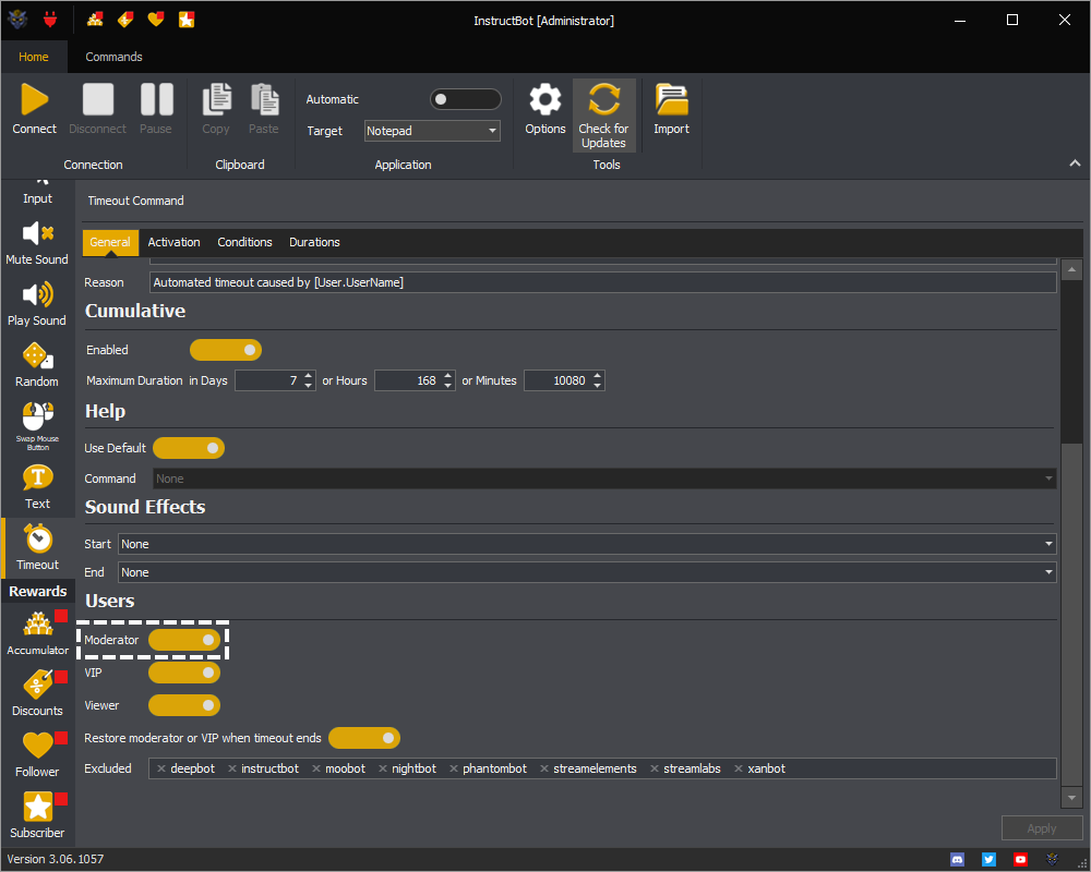 InstructBot timeout command showing how to enable moderator timeout.