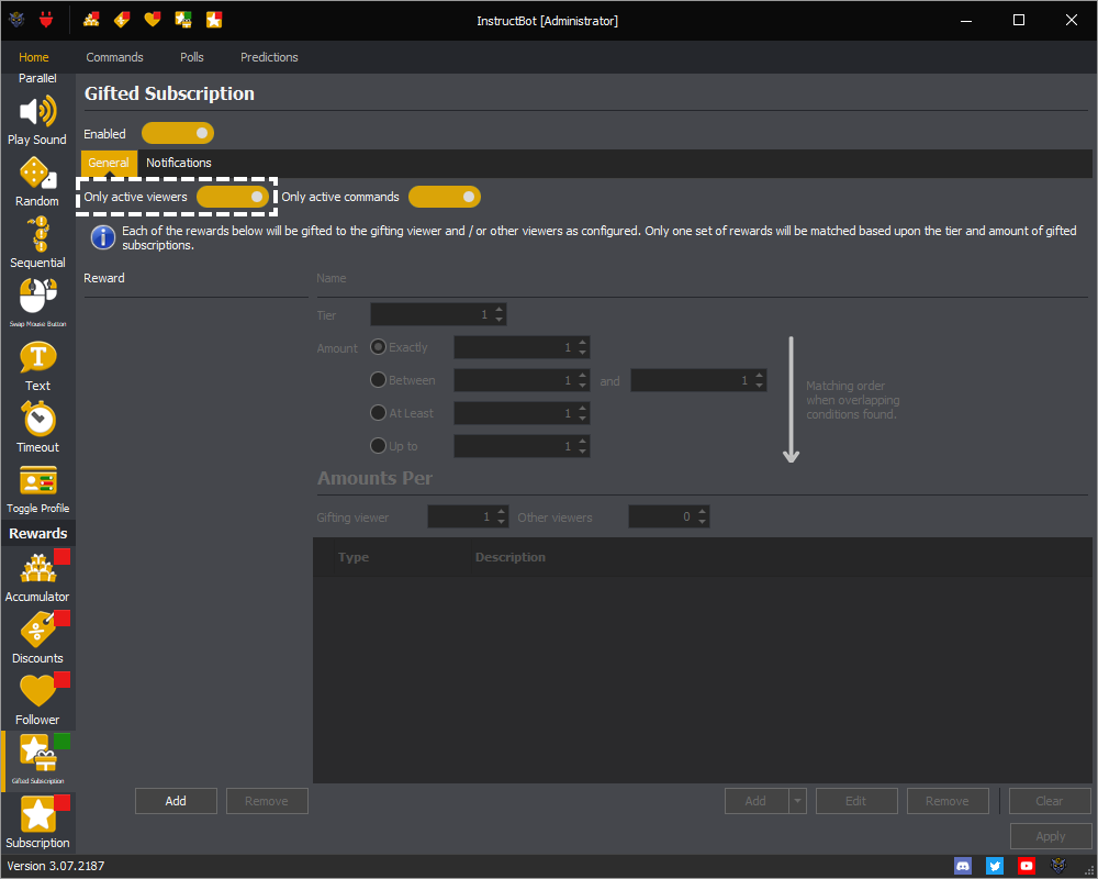 Example showing the only active viewers setting for the gifted subscription reward in InstructBot.