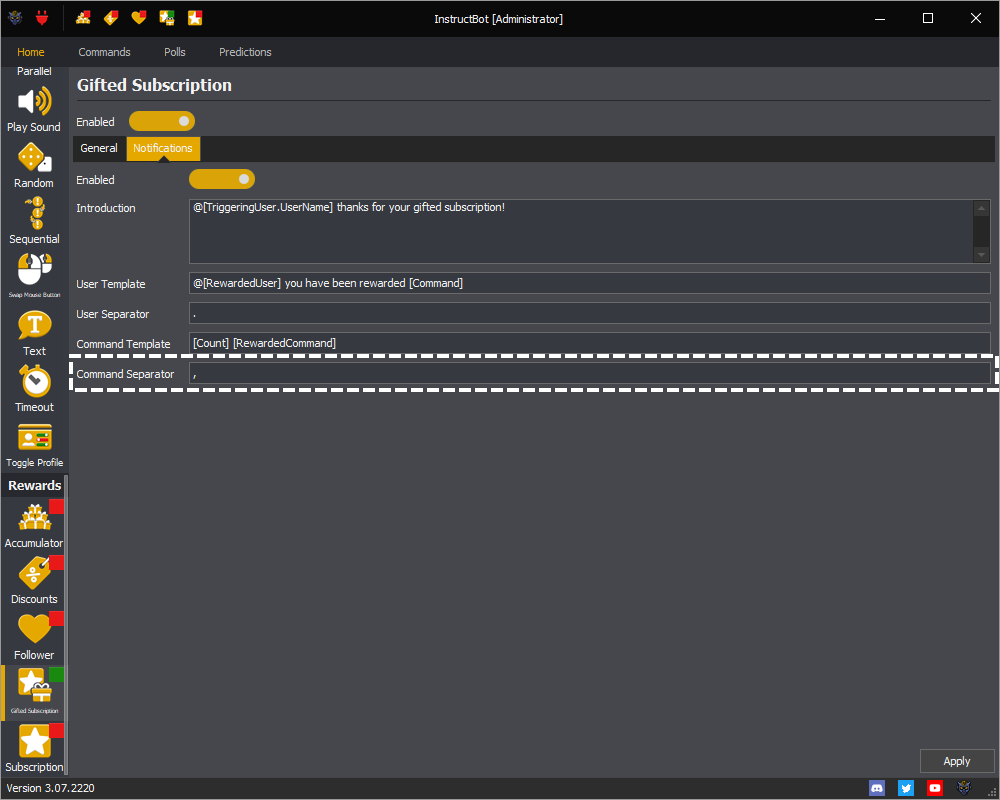 Example showing the notification command separator for the gifted subscription reward in InstructBot.