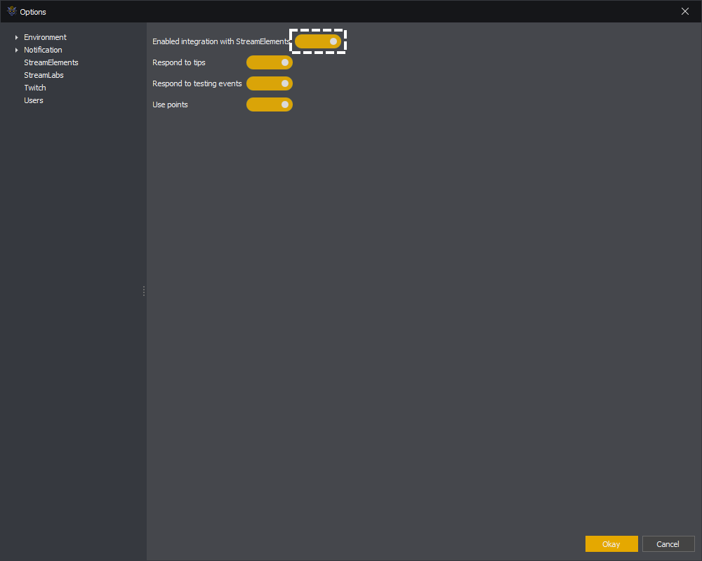 InstructBot options showing how to toggle StreamElements integration on.