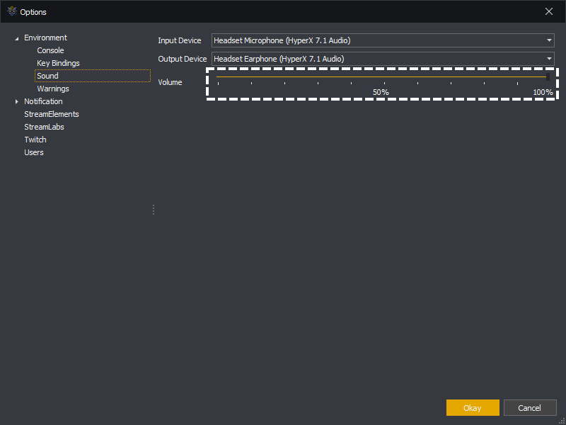 InstructBot options showing how to adjust the volume for the entire application.