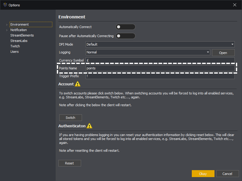 InstructBot options showing how to set the points name.