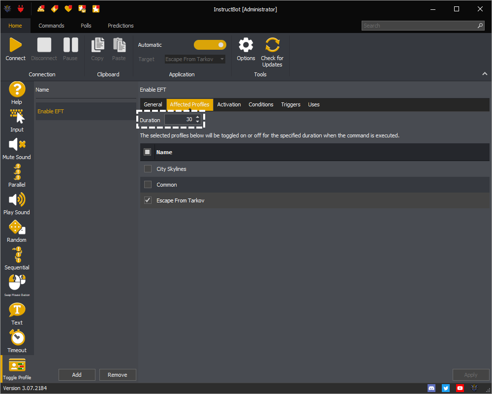 InstructBot showing the duration to toggle profiles for the command.