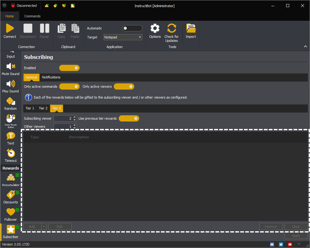 Example showing the configured rewards for the a new tier 3 subscriber / re-subscriber in InstructBot.