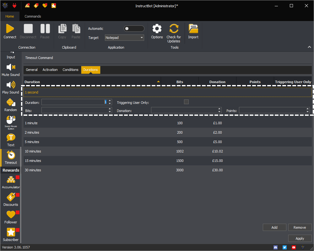 InstructBot showing example of a new duration row for a timeout command.