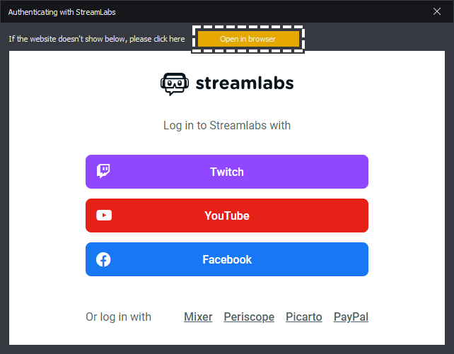 InstructBot showing an example of how to authenticate StreamLabs in a browser.
