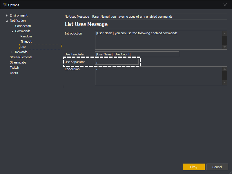 InstructBot options showing the uses command use separator message template.