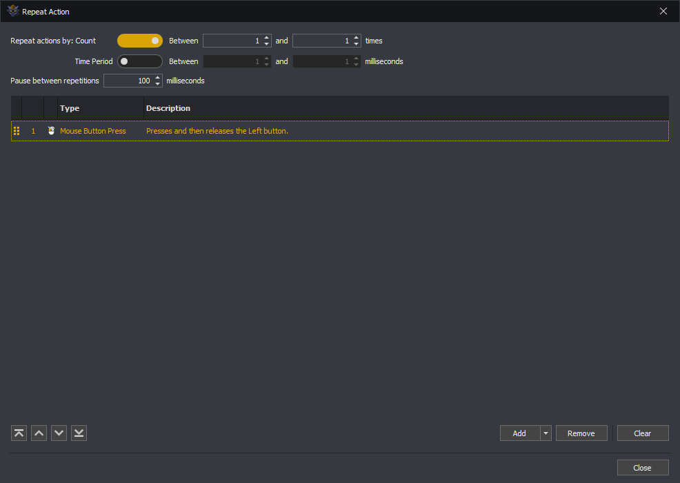 InstructBot showing the repeat action window editor for an input command.