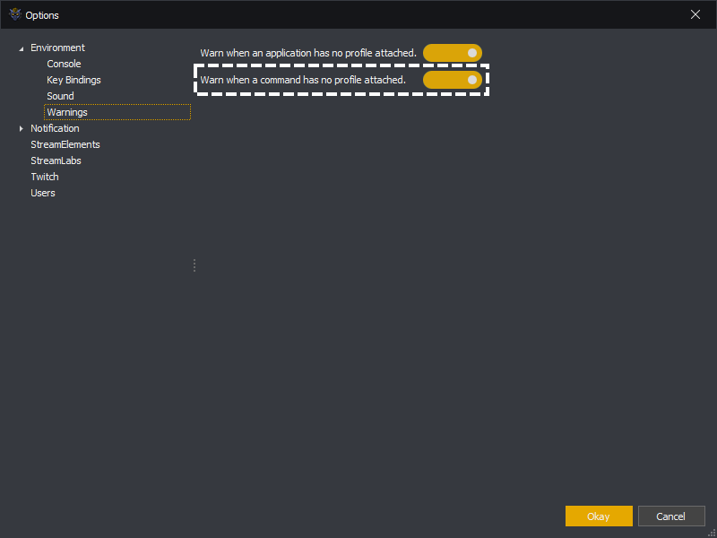 InstructBot options showing command profile warning.