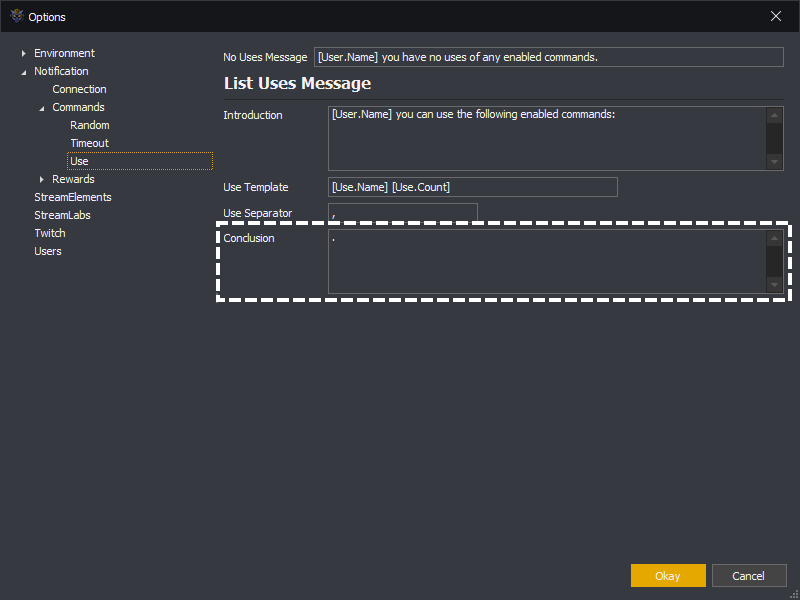 InstructBot options showing the uses command conclusion message template.