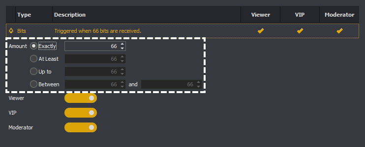 The trigger editor showing a bits trigger amount setting in InstructBot.