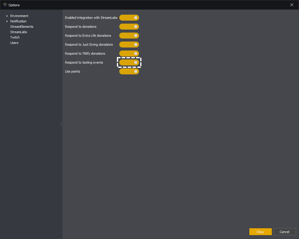 InstructBot options showing how to enable respond to testing events from StreamLabs.