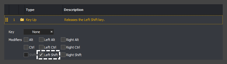 Showing an example of the left shift modifier selected within the editor of a key up action of an input command in InstructBot.