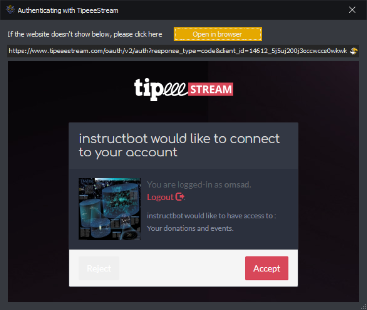 InstructBot showing TipeeeStream authorise screen.