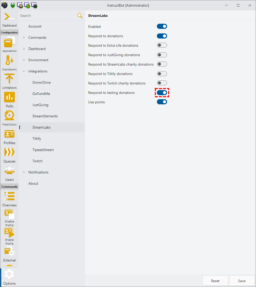 Showing how to enable testing donations for StreamLabs in InstructBot