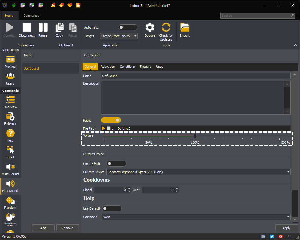 InstructBot showing the volume of a play sound command.