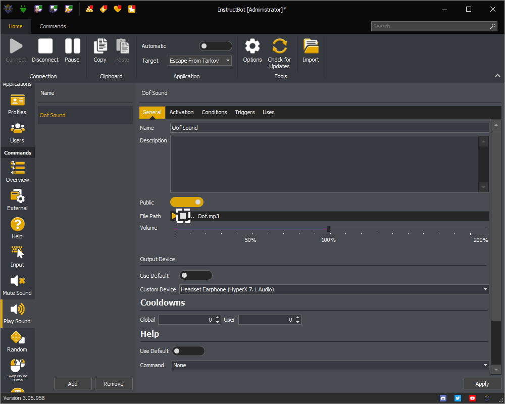 InstructBot showing the stop button of a play sound command.