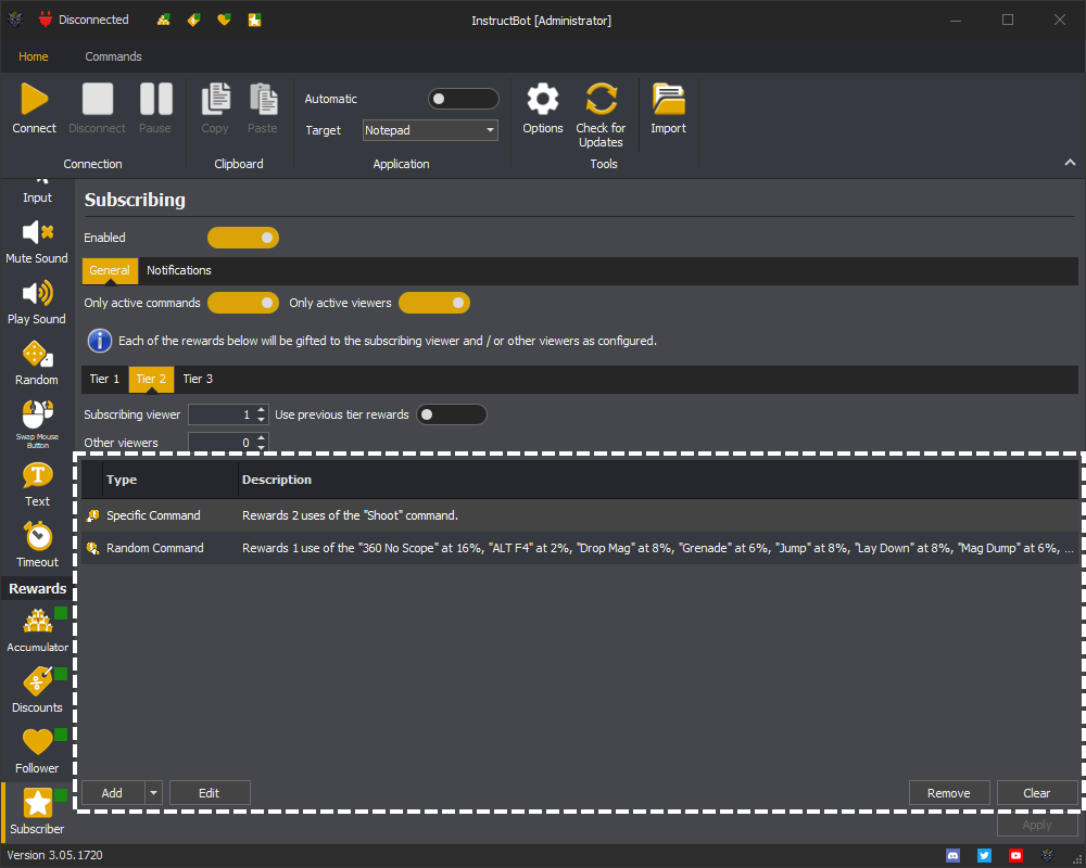 Example showing the configured rewards for the a new tier 2 subscriber / re-subscriber in InstructBot.