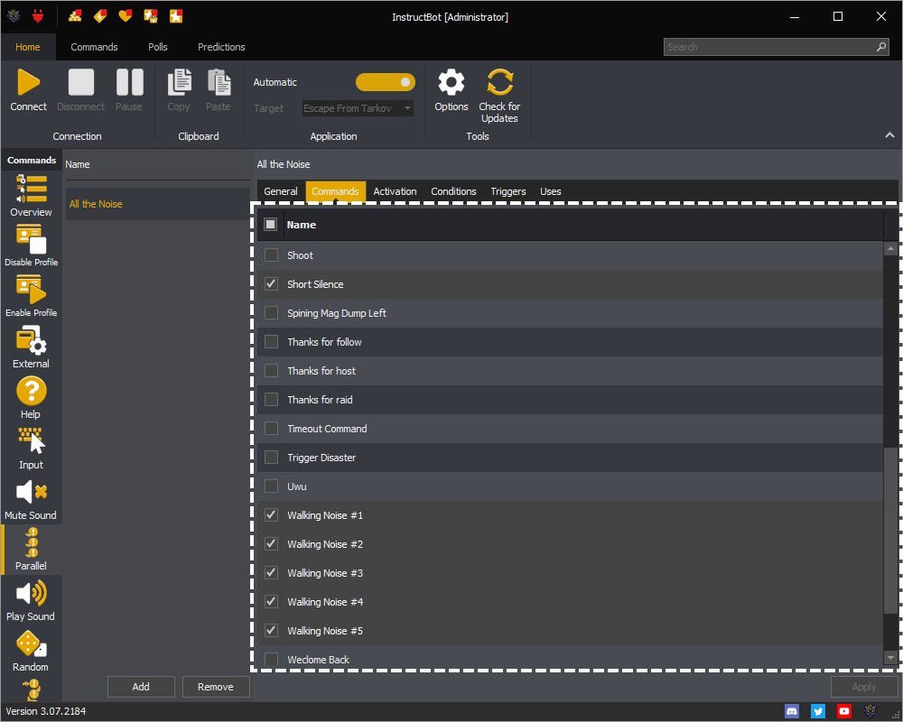 InstructBot showing the commands selection screen of a parallel command.