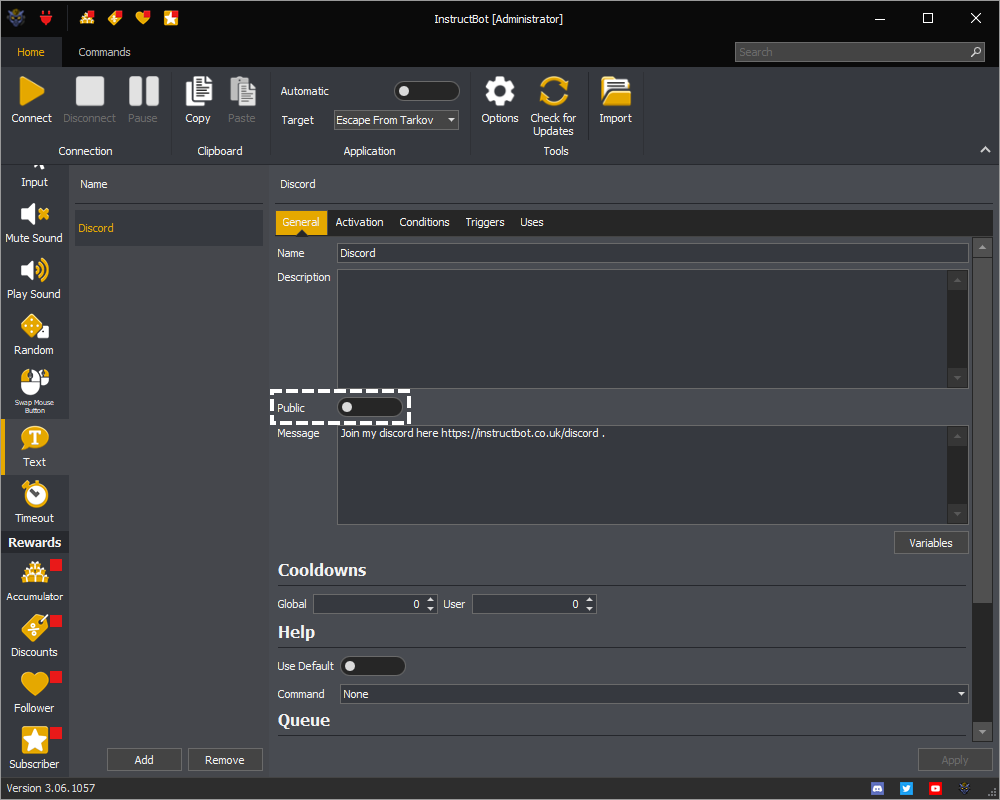 InstructBot showing the public toggle button of a command.