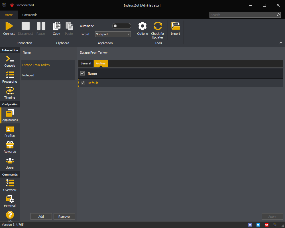 InstructBot application screen showing selected profile.