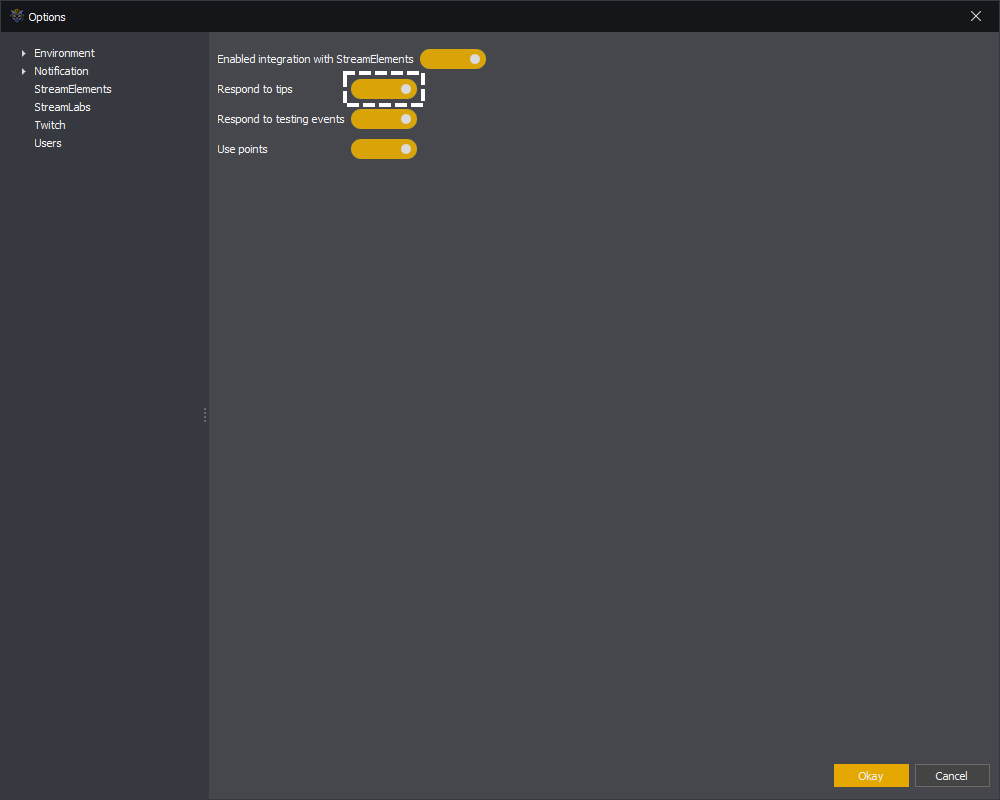 InstructBot options showing how to enable respond to tip events from StreamElements.