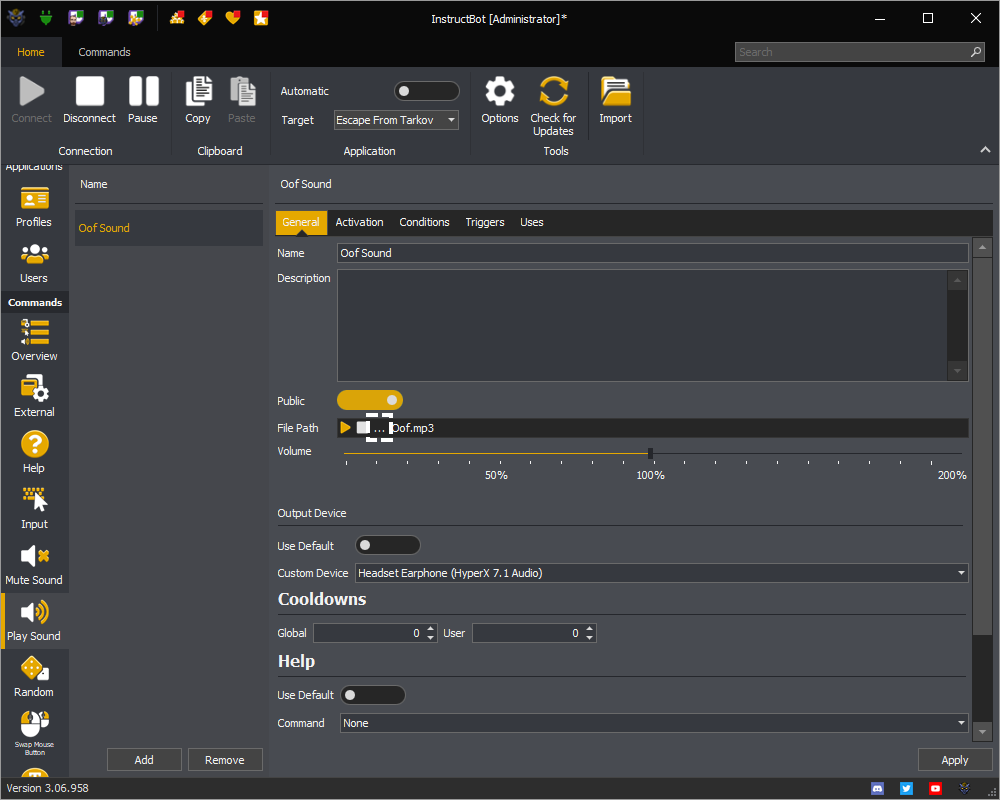 InstructBot showing the select sound file button of a play sound command.