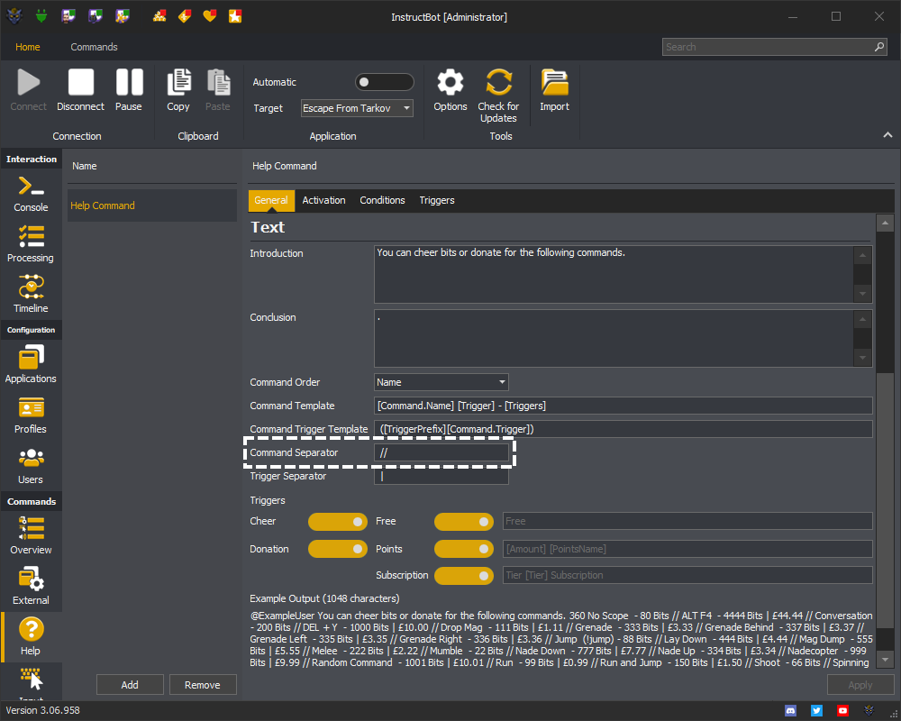 InstructBot showing command separator of a help command.