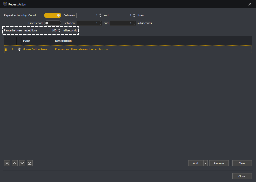 InstructBot showing the pause setting between repetitions of a repeat action.