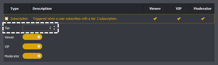 The trigger editor showing a subscription trigger tier setting in InstructBot.