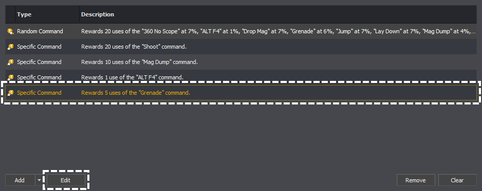 Reward editor showing how to select and edit a reward in InstructBot.