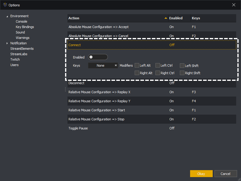 InstructBot options showing how to edit a key binding.