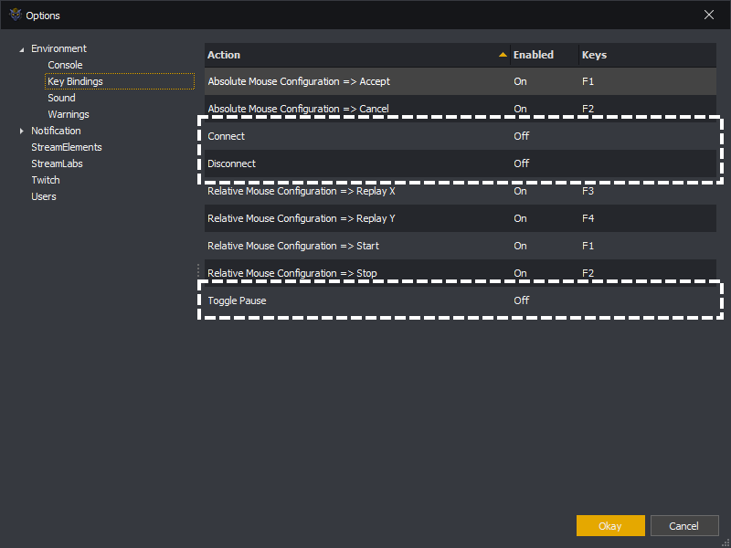 InstructBot options showing the connection key bindings.