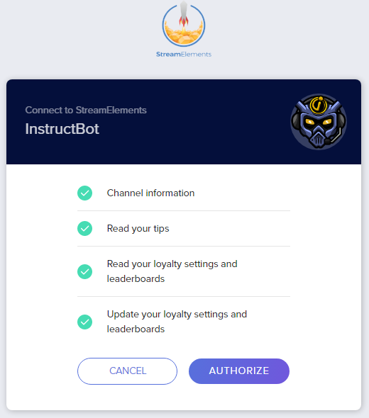 InstructBot example of authorising StreamElements.