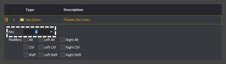 The input command action editor showing the A key selected for a key down action in InstructBot.