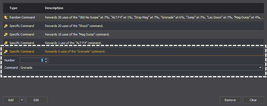 Reward editor showing an open editor for a specific command reward in InstructBot.