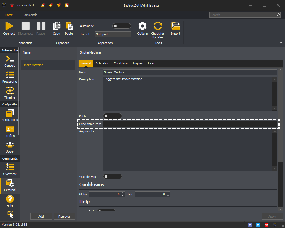 InstructBot showing the executable path of the command.