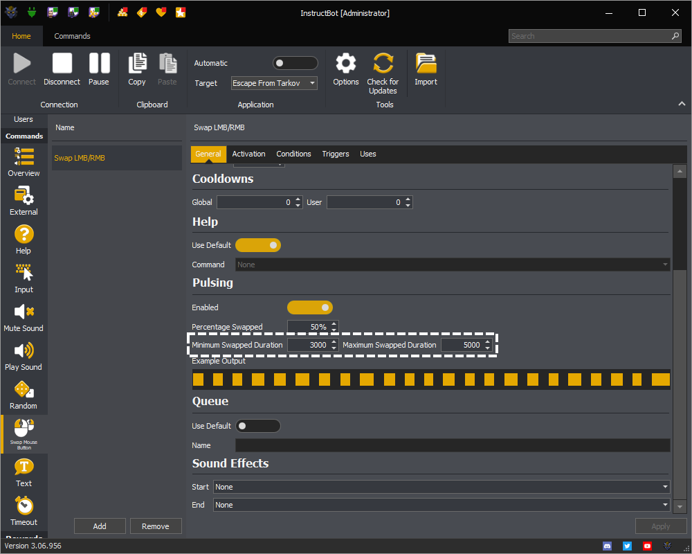 InstructBot showing the pulsing minimum and maximum swapped duration of a command.