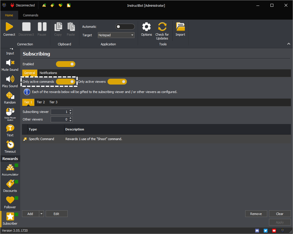Example showing the only active commands setting for the subscriber reward in InstructBot.