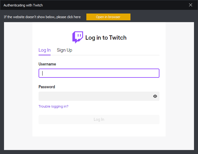 InstructBot showing Twitch login screen.