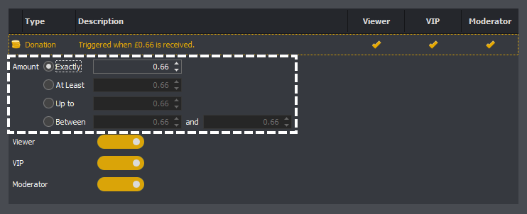 The trigger editor showing a donation trigger amount setting in InstructBot.