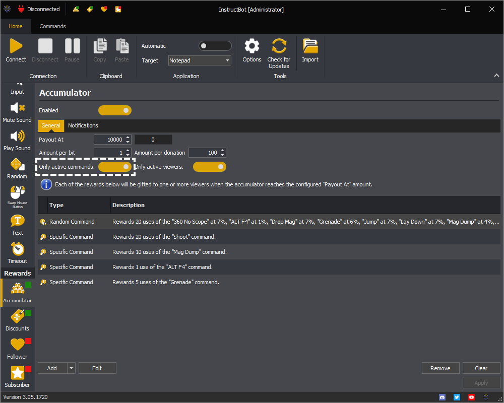 Example showing the only active commands setting for the accumulator in InstructBot.